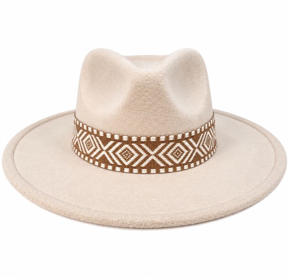 Women’s Cream Wide Brim Rancher Hat Boho Western Cowgirl Geometric Band